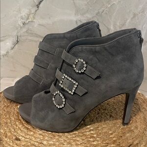 White House Black Market Suede Charcoal Ankle Booties